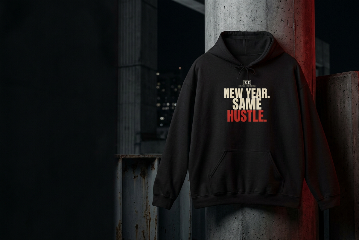 Header featuring the New Year Same Hustle hoodie and boxed logo